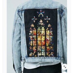 NEW Forever 21 Alphonse Mucha Stained Glass Acid Wash Blue Denim Jacket S